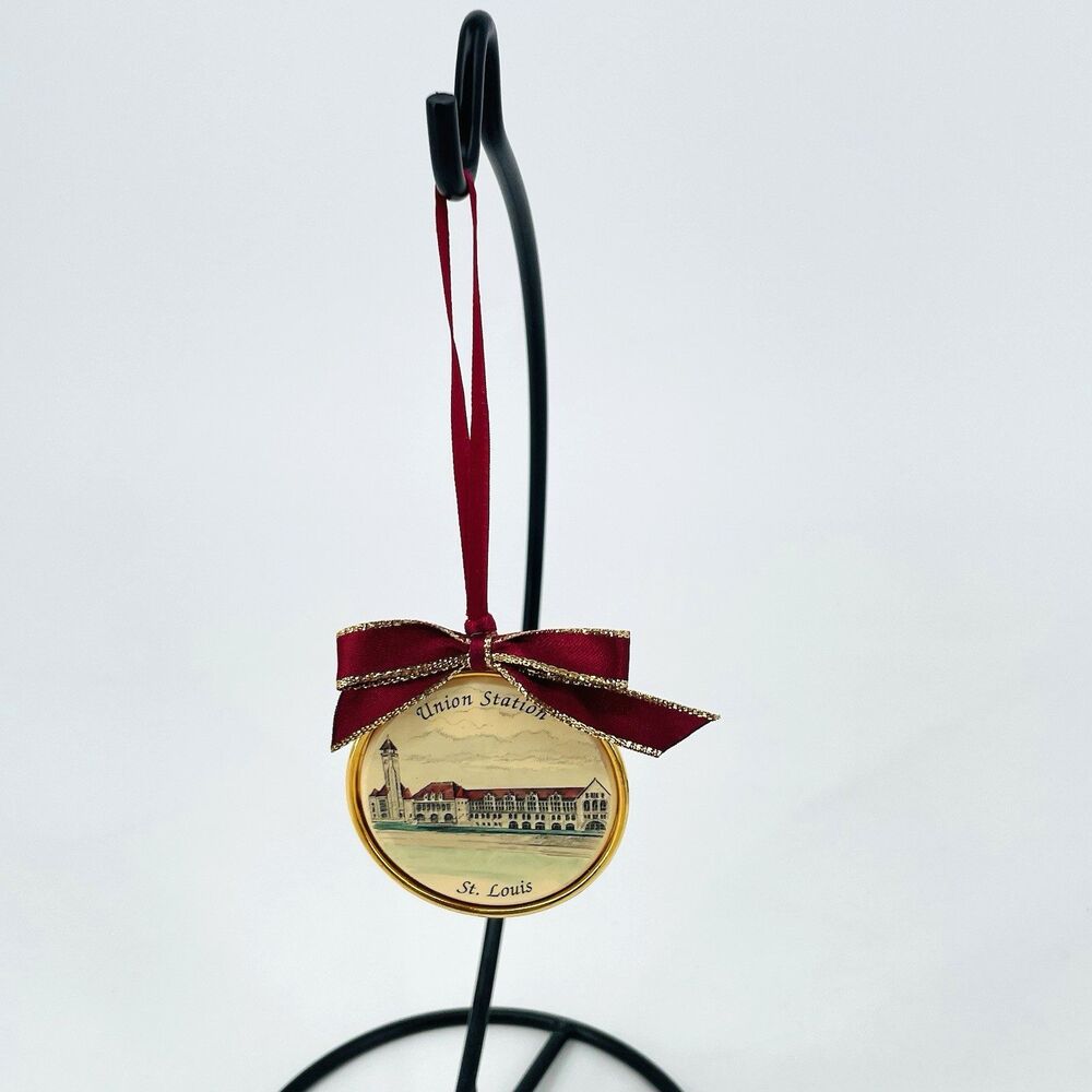 Vintage Barlow St Louis Union Station Gold Tone Christmas Ornament Hand Painted